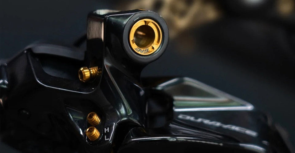 TiNE derailleur hanger with gold hardware and branded design