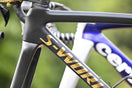 Specialized carbon frame with gold branding and titanium components, outdoor setting