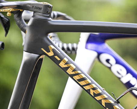 Specialized carbon frame with gold branding and titanium components, outdoor setting