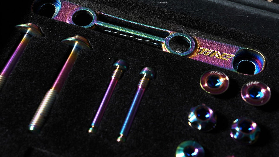 TiNE Tech colorful titanium bolt kit with CNC-machined hardware