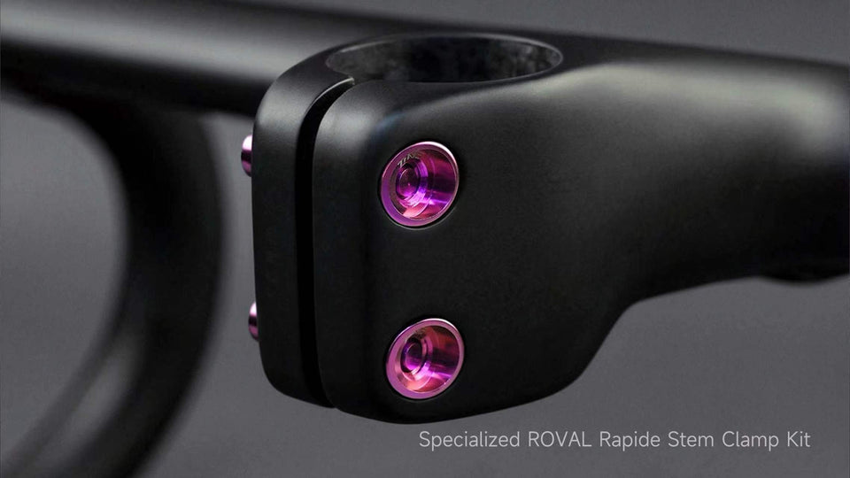TiNE TECH: Roval Rapide stem clamp with purple titanium bolts