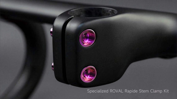 TiNE TECH: Roval Rapide stem clamp with purple titanium bolts