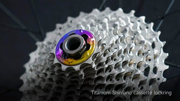 TiNE titanium Shimano cassette lockring rainbow finish silver cassette