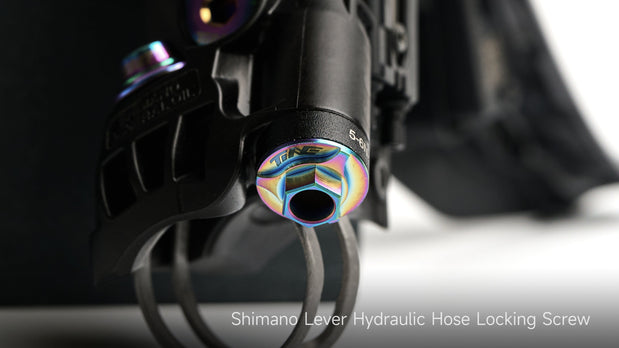 Shimano shifter hose clamp bolt with iridescent titanium designeners