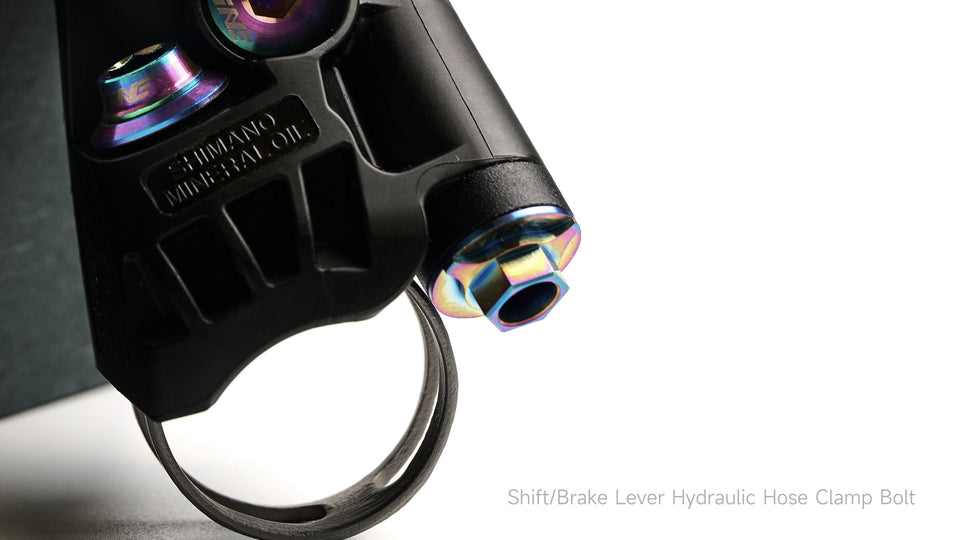 TiNE titanium Shimano STI lever hose clamp bolt mounted on black brake lever
