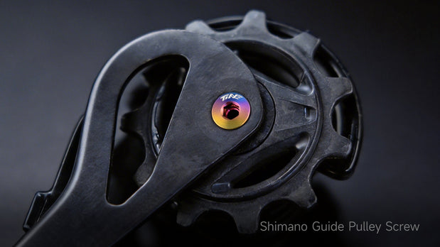 Specialized SL9 frame bolts with iridescent TiNE titanium fasteners