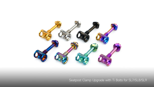 TiNE titanium seat post bolts in multiple anodized colors