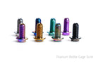 TiNE titanium bottle cage bolts in eight anodized colors purple gold teal blue black and silver on white background