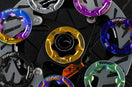 Colorful TiNE centerlock adapters on disc brake rotor for adapter guide