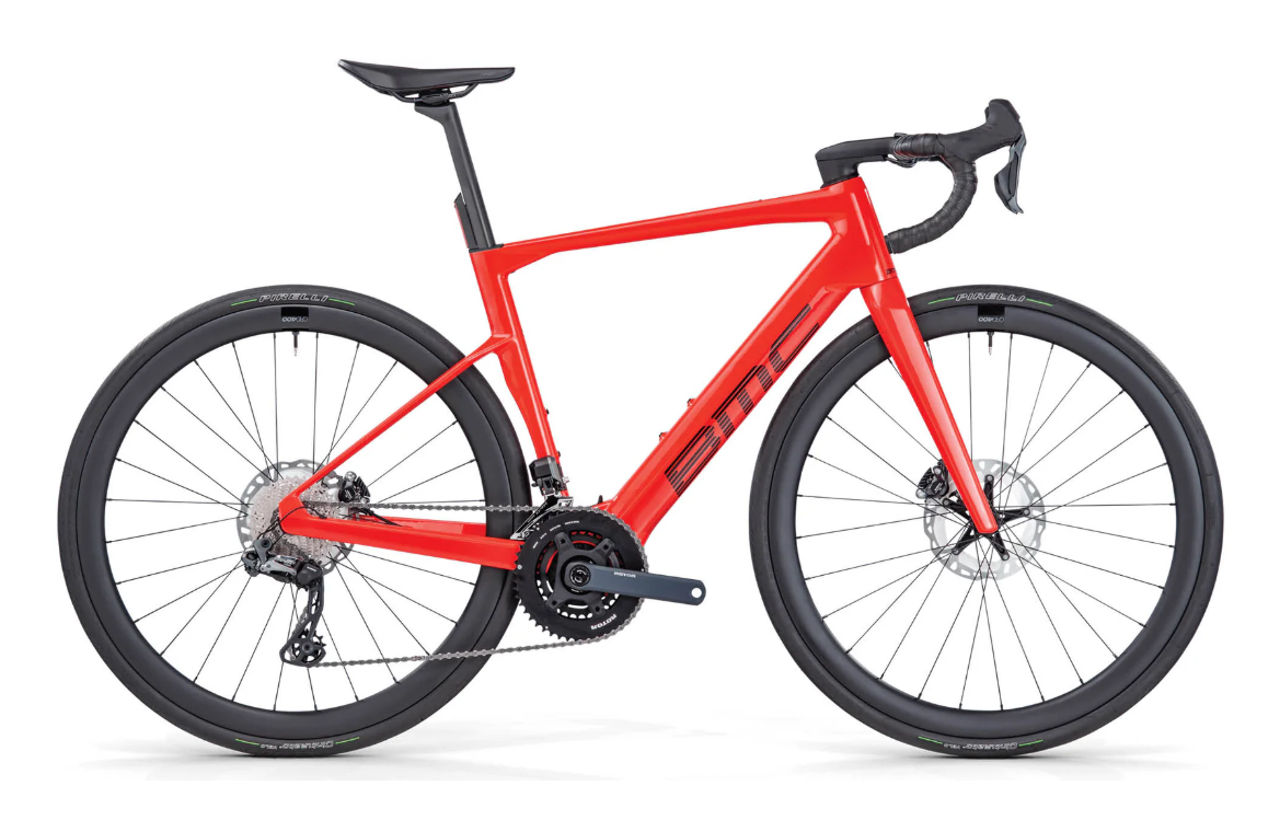 Red ultralight titanium BMC road bike with disc brakes