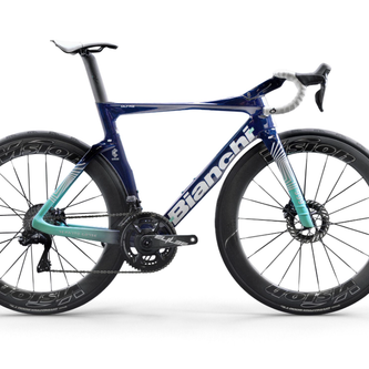 Bianchi road bike with blue-teal titanium frame, Vision wheels - lightweight design