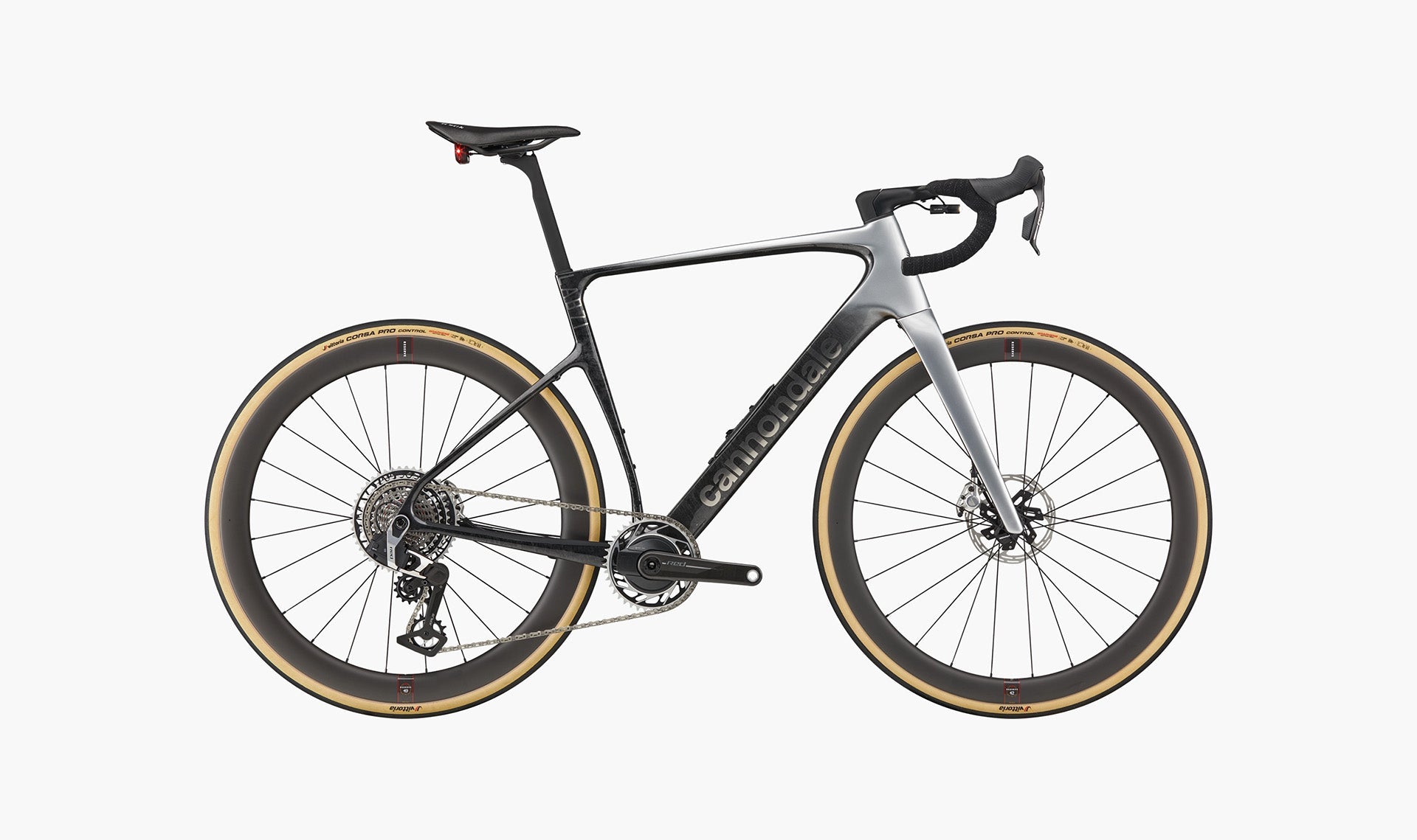 Cannondale road bike with silver titanium frame, premium aftermarket components