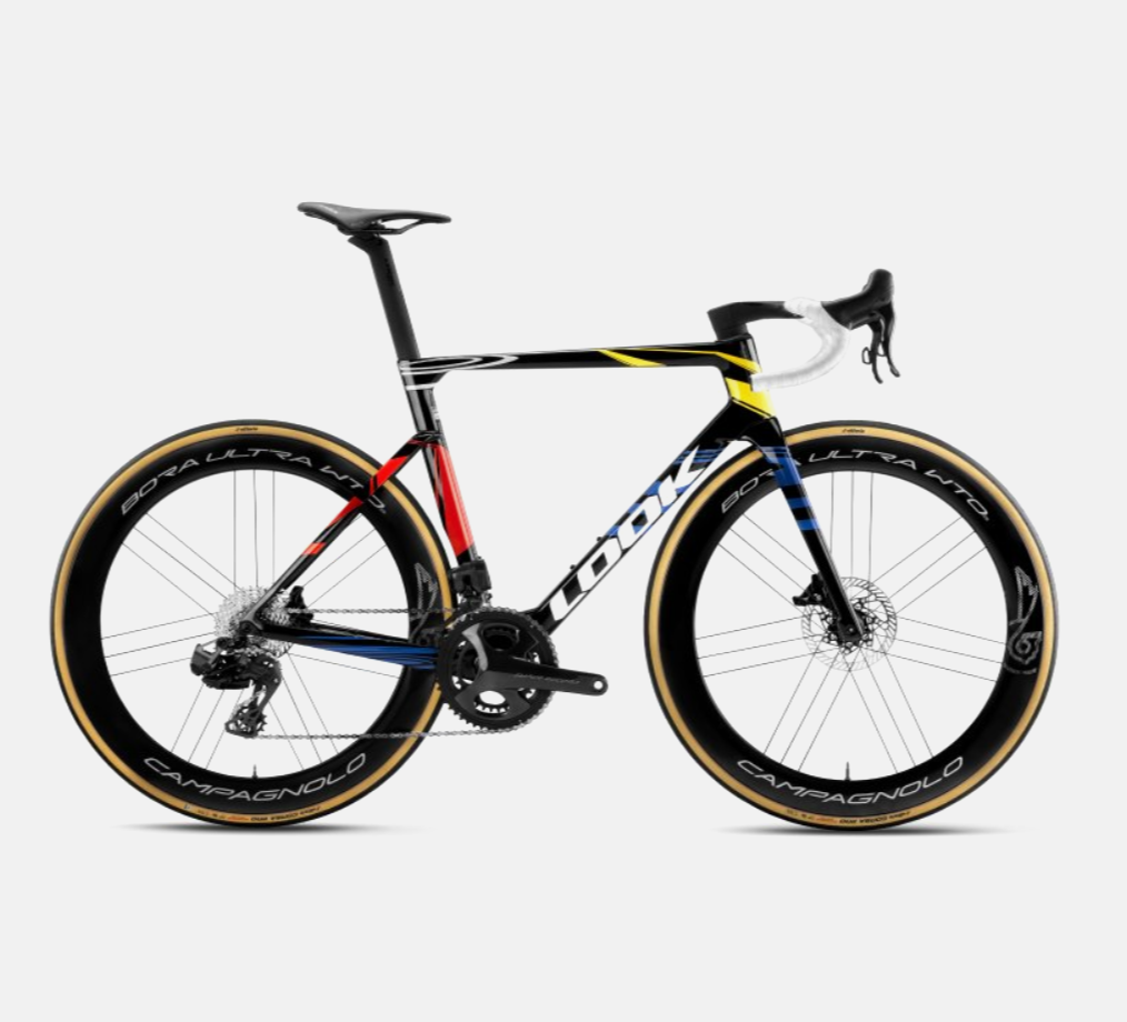 TiNE TECH LOOK road bike with titanium parts, black/red/yellow frame, Campagnolo wheels, lightweight design