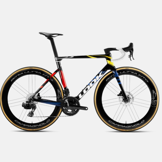 TiNE TECH LOOK road bike with titanium parts, black/red/yellow frame, Campagnolo wheels, lightweight design