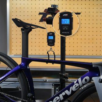Cervelo bicycle with digital scale measuring weight - SHIMANO titanium alloy parts