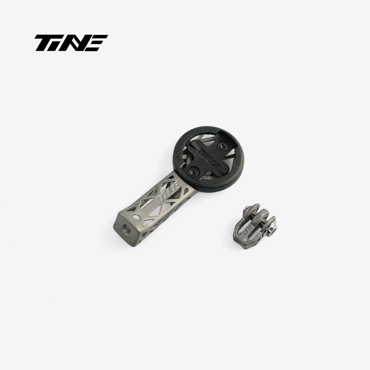 TiNE titanium bicycle computer mount with mounting accessory, sleek design