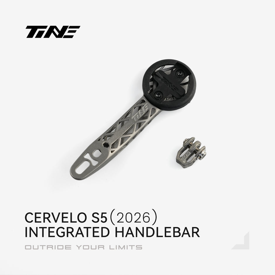 TiNE titanium bicycle computer mount for Cervelo S5 (2026) with mounting accessory