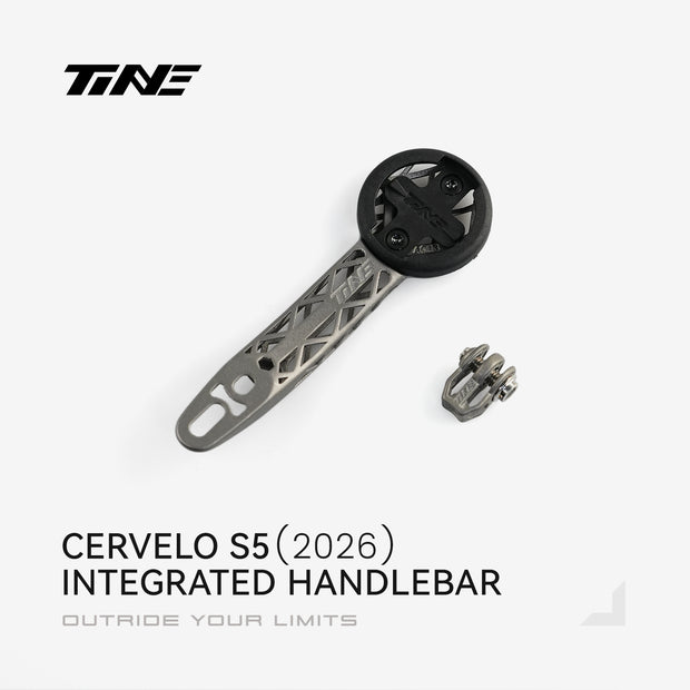 TiNE titanium bicycle computer mount for Cervelo S5 (2026) with mounting accessory