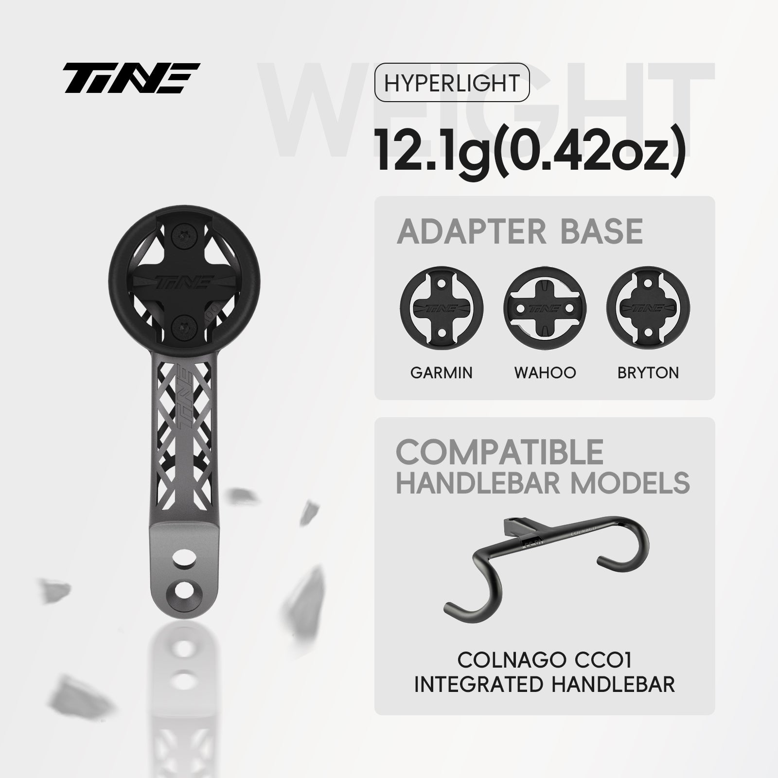 TiNE Titanium Bicycle Computer Mount for Colnago CC.01 Hyperlight model, black circular base, lattice-patterned arm