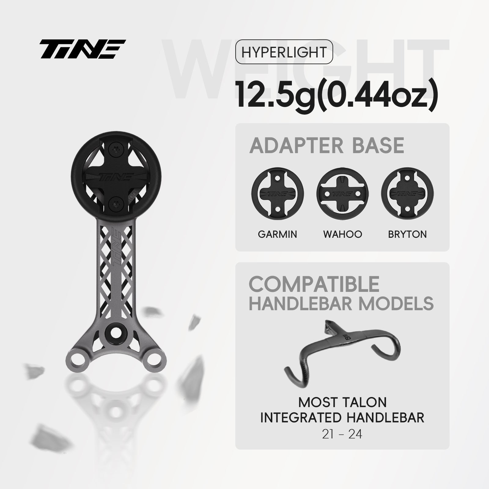 TiNE Hyperlight titanium bicycle computer mount for MOST Talon 21-24 handlebar, black circular mount, silver frame, adapter bases