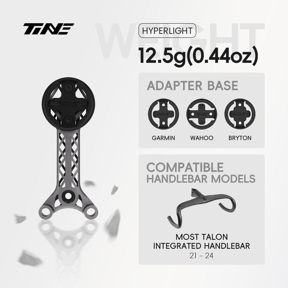 TiNE Hyperlight titanium bicycle computer mount for MOST Talon 21-24 handlebar, black circular mount, silver frame, adapter bases