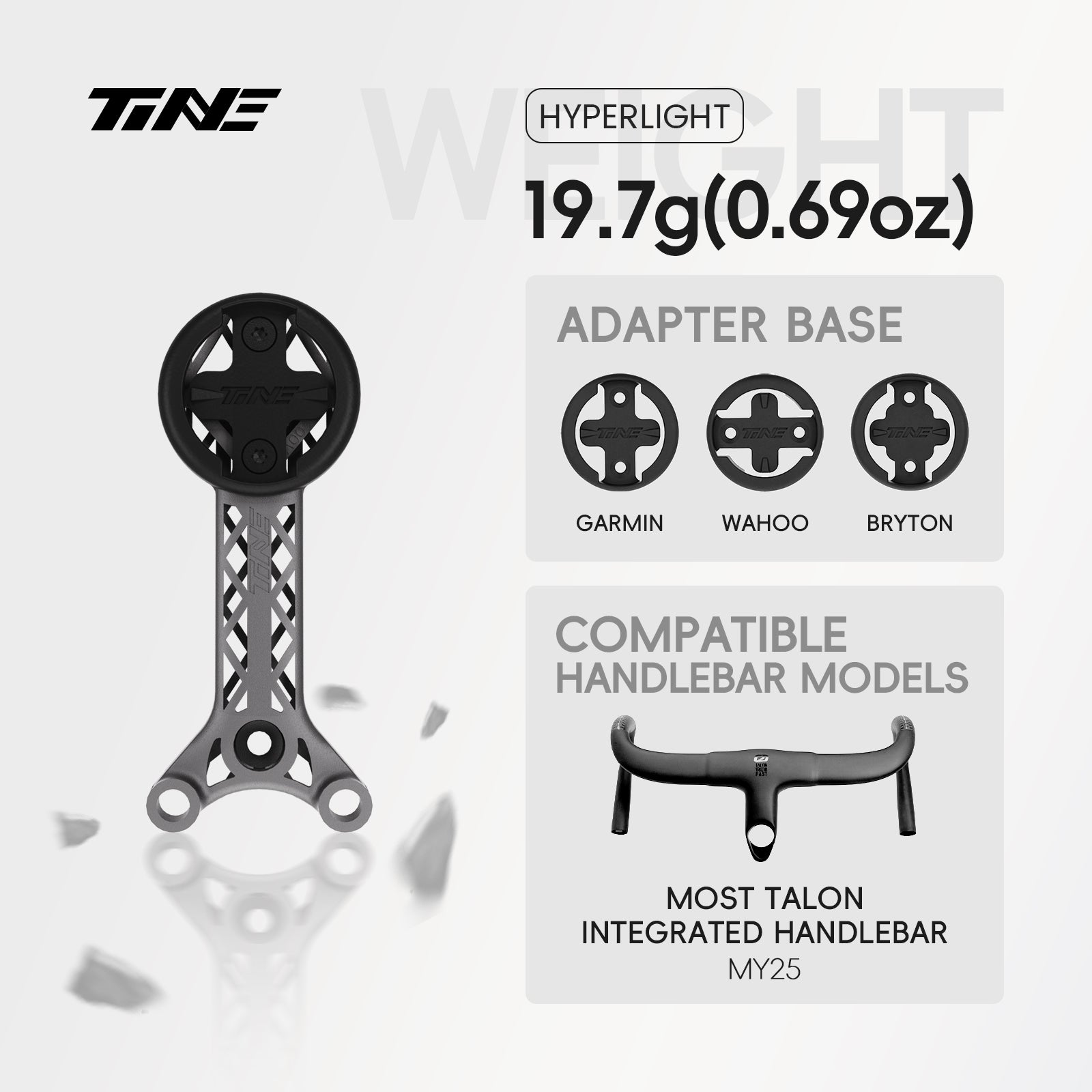 TiNE Hyperlight titanium bicycle computer mount for MOST Talon MY25 handlebar, black circular mount, silver frame, adapter bases