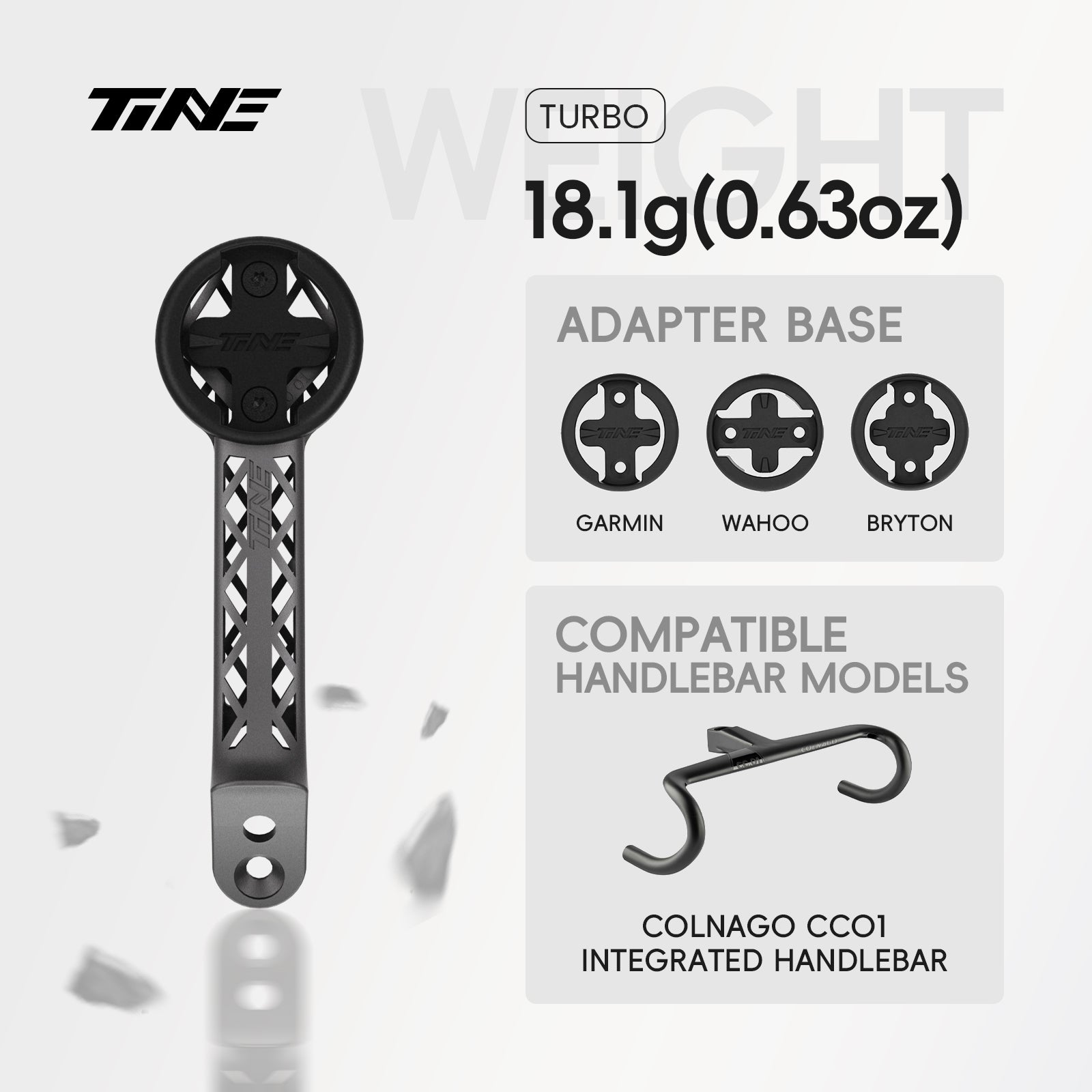 TiNE Titanium Bicycle Computer Mount for Colnago CC.01 Turbo model, black circular base, lattice-patterned arm