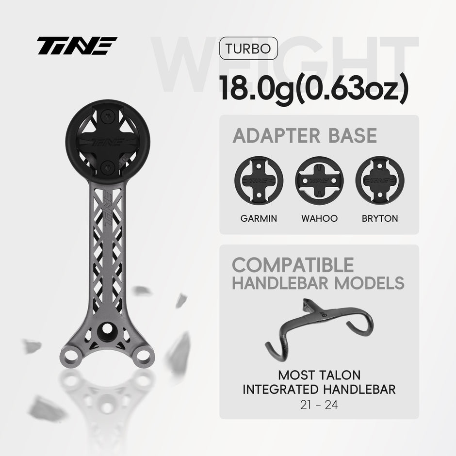 TiNE Turbo titanium bicycle computer mount for MOST Talon 21-24 handlebar, black circular mount, silver frame, adapter bases