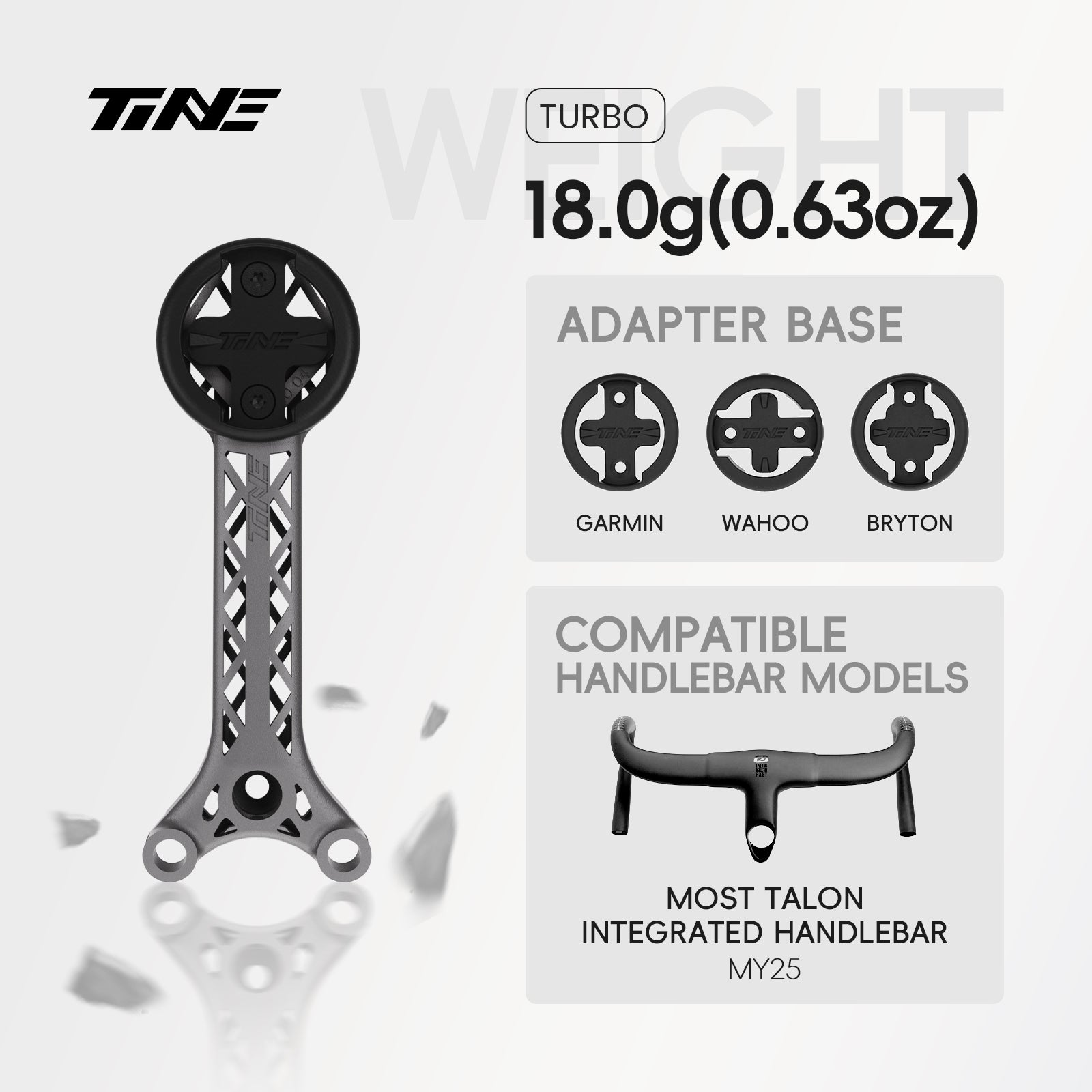 TiNE Turbo titanium bicycle computer mount for MOST Talon MY25 handlebar, black circular mount, silver frame, adapter bases