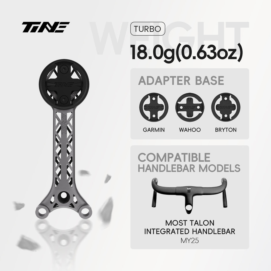 TiNE Turbo titanium bicycle computer mount for MOST Talon MY25 handlebar, black circular mount, silver frame, adapter bases
