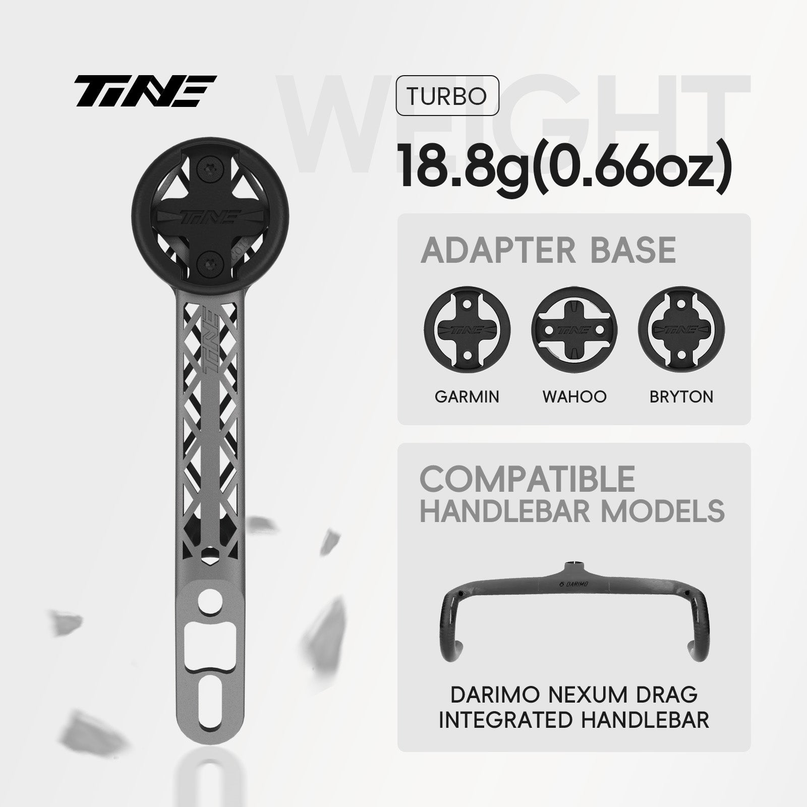 TiNE Turbo titanium bicycle computer mount compatible with Garmin/Wahoo/Bryton adapters