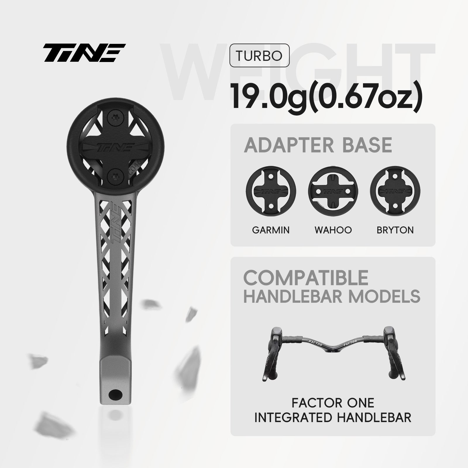 TiNE FACTOR ONE TURBO titanium bicycle computer mount with black circular base and lattice design