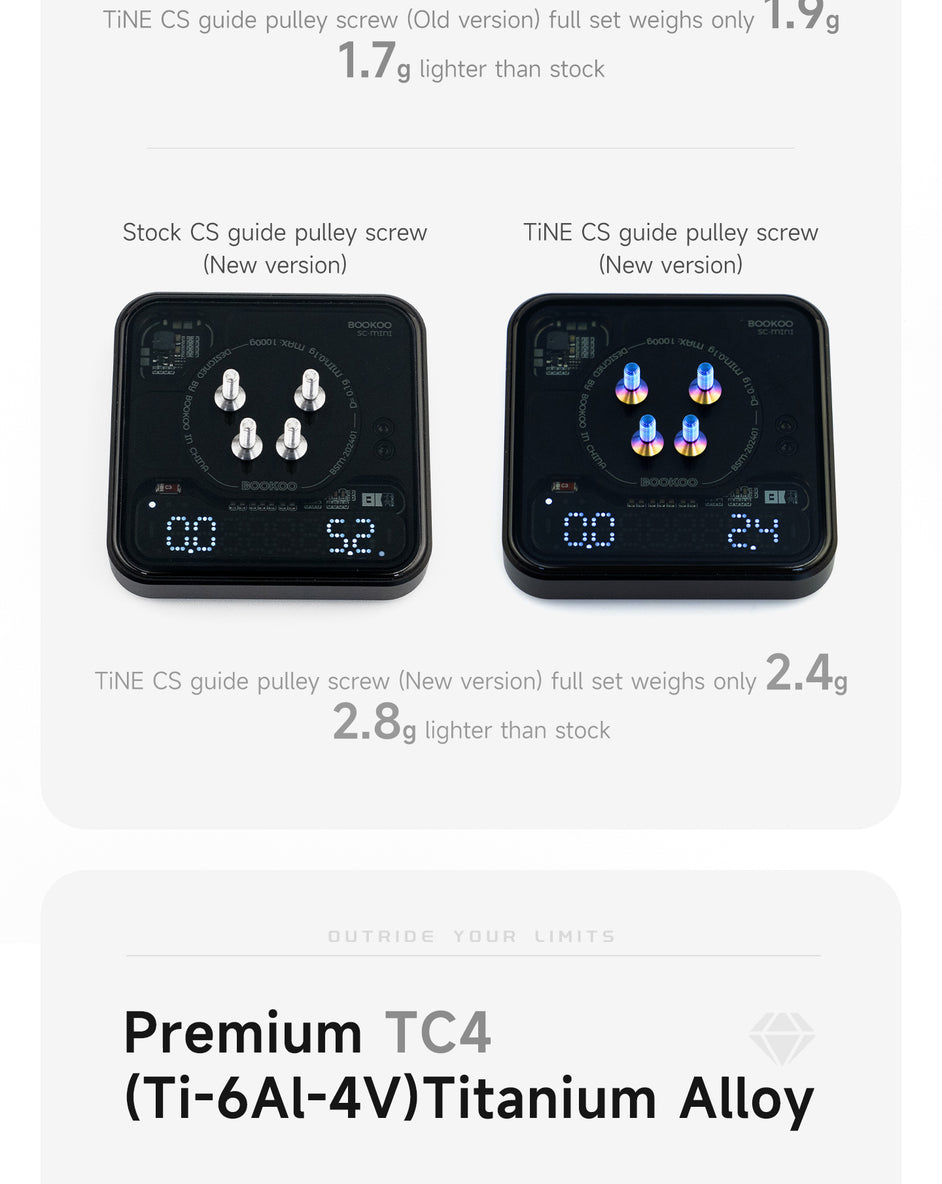 Two digital scales displaying the weight comparison of silver and anodized blue pulley screws, highlighting weight differences between stock and new versions of TiNE CS guide pulley screws.