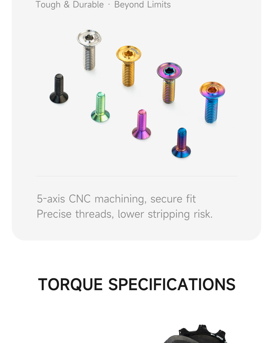 Various small titanium bolts in different colors including silver, gold, black, green, purple, and blue arranged on a white surface with text highlighting CNC machining and precise threads for secure fit and reduced stripping risk.