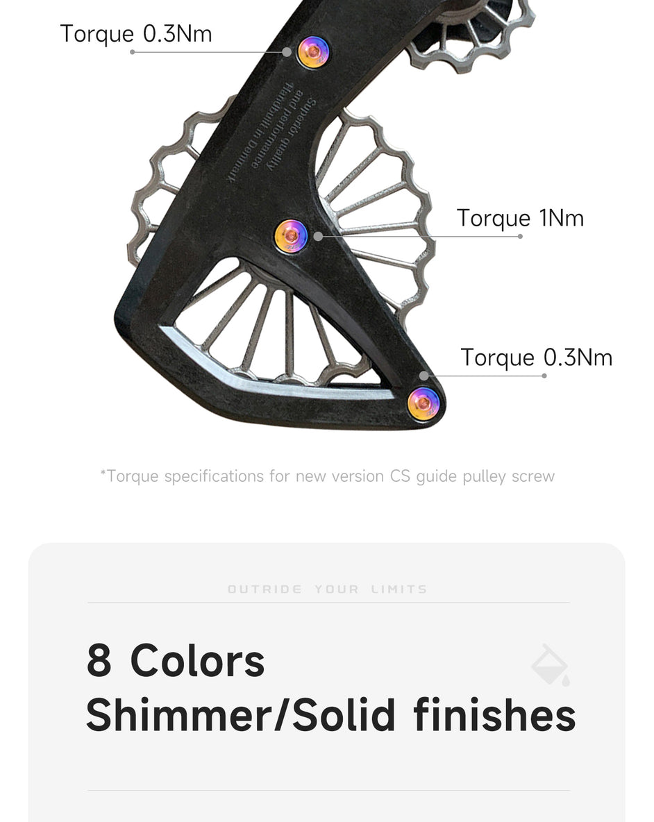 Close-up view of a bicycle derailleur cage featuring three titanium bolts with torque specifications labeled, showing a dark metallic structure with shiny, anodized purple and gold fasteners.