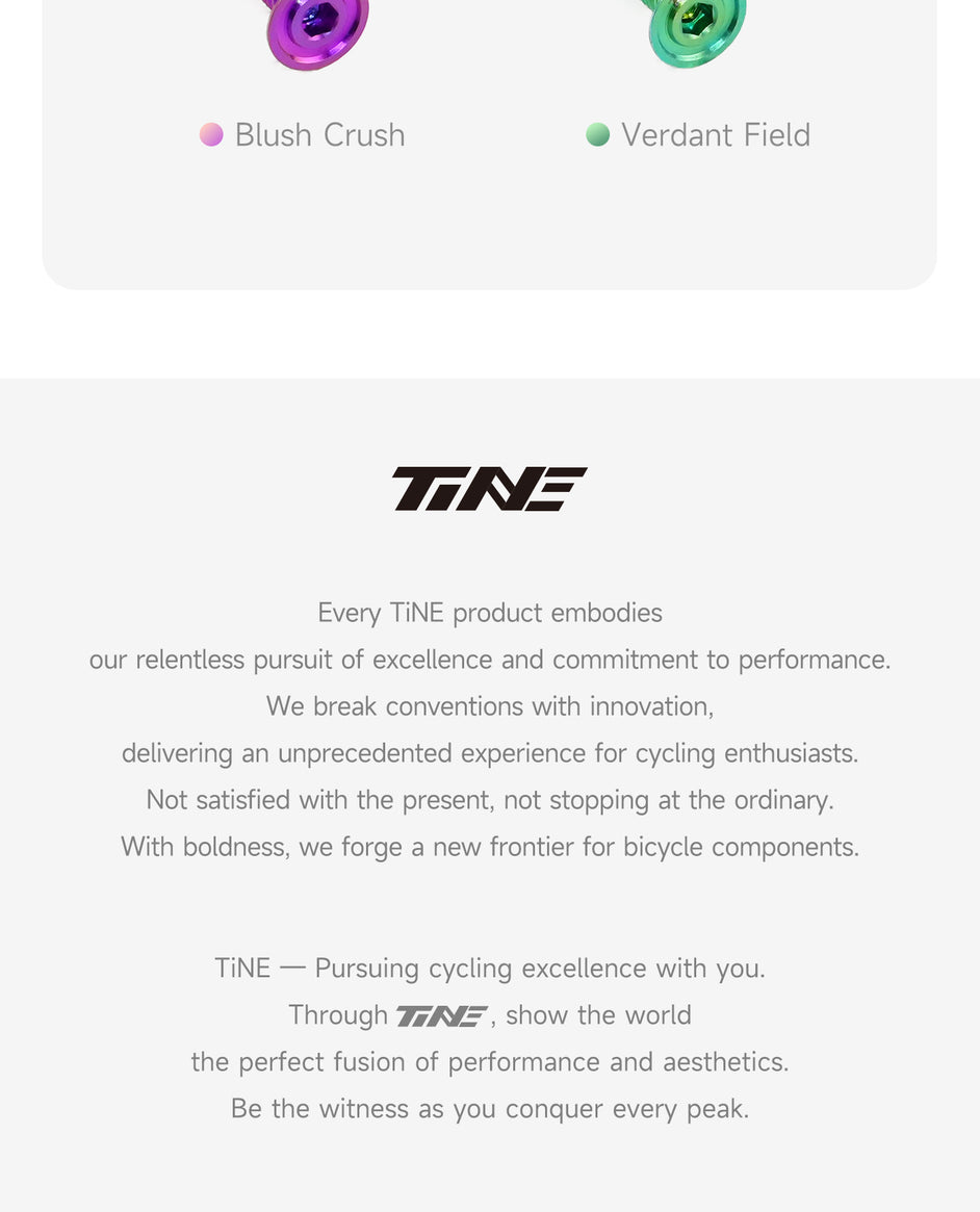 TiNE brand logo above a statement highlighting their dedication to innovation, excellence, and performance in cycling components, emphasizing boldness and a fusion of performance and aesthetics.