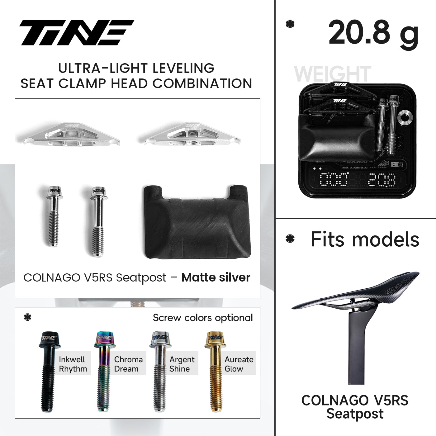 TINE ultra-light seat clamp heads for Colnago V5RS matte silver seatpost