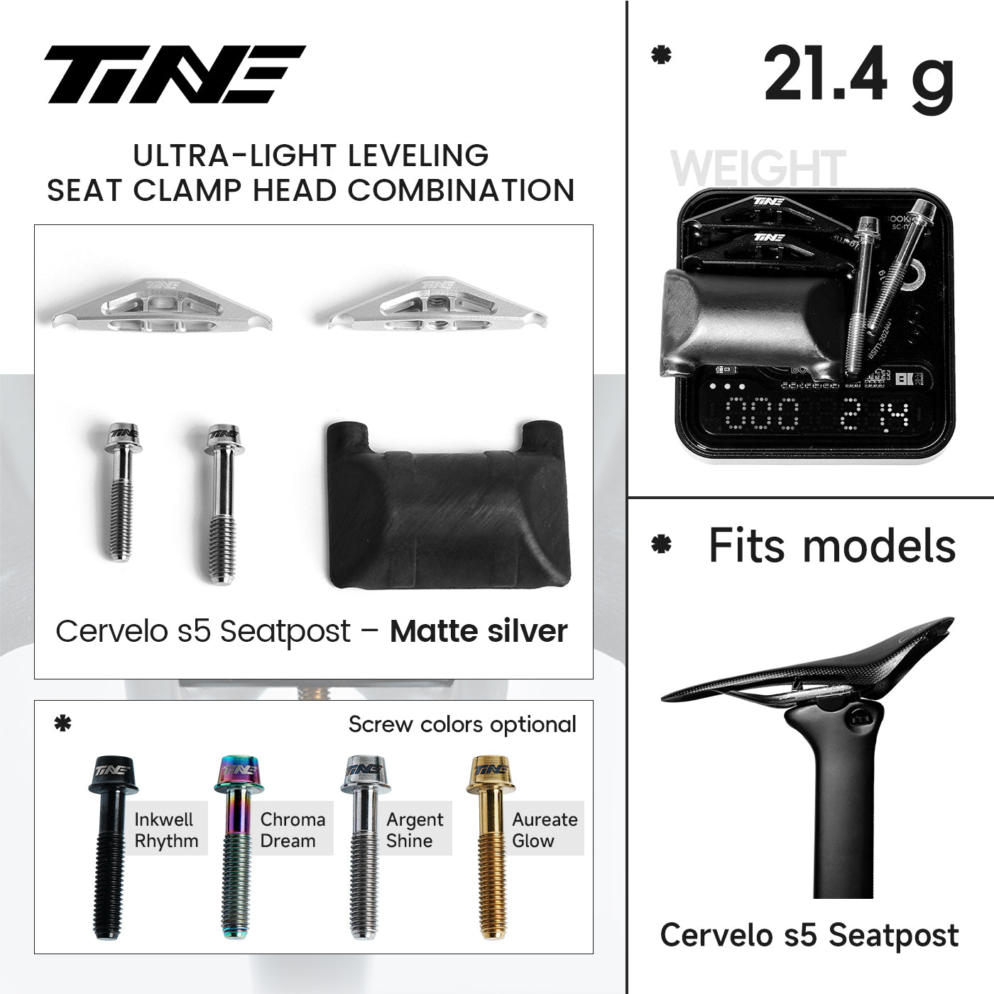 TINE Cervelo S5 carbon fiber seatpost kit - matte silver post & screw options