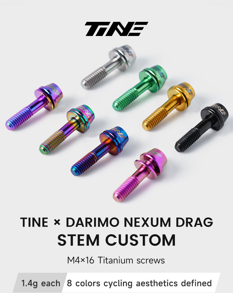 Nine titanium bolts in various anodized colors including silver, green, gold, black, purple, and blue, displayed on a white background with the 