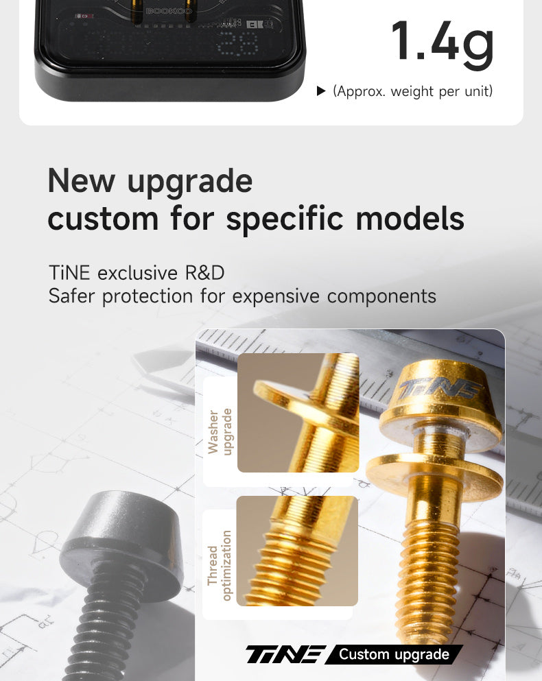 Close-up image showing gold-colored titanium bolts with detailed views of an upgraded washer and optimized threads, highlighting a custom upgrade for specific models by TiNE.