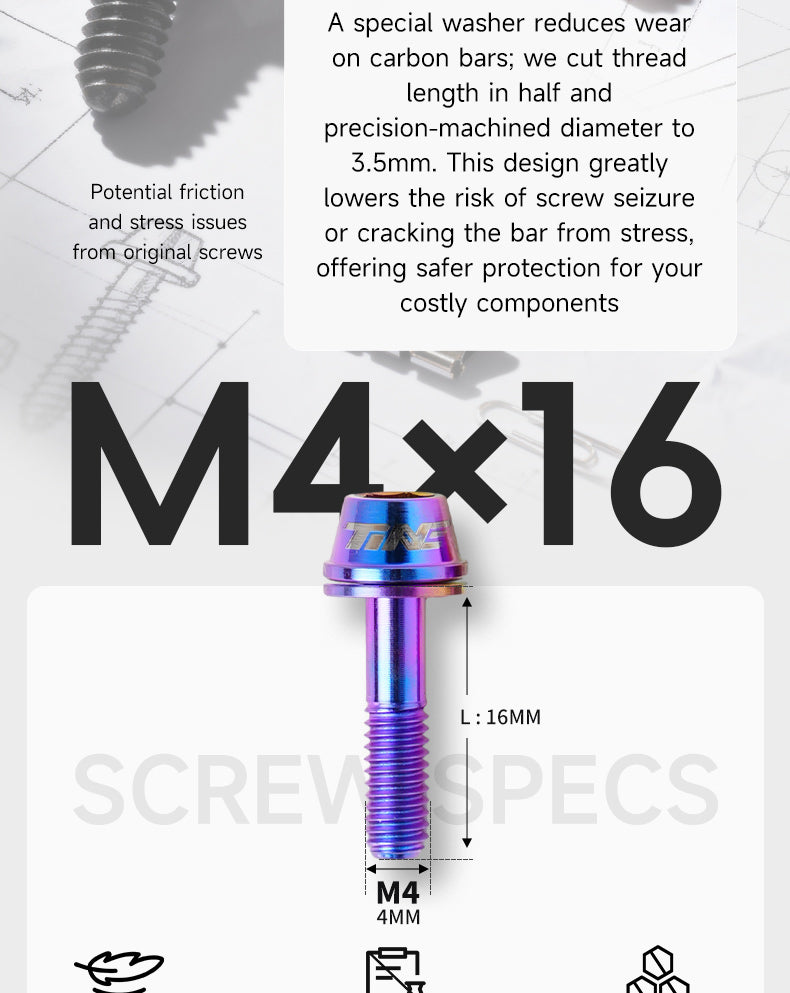 Close-up image of a titanium screw with a purple-blue anodized finish, labeled M4x16, showing dimensions and detailed text explaining a special washer design that reduces wear on carbon bars and lowers risk of screw seizure or cracking.