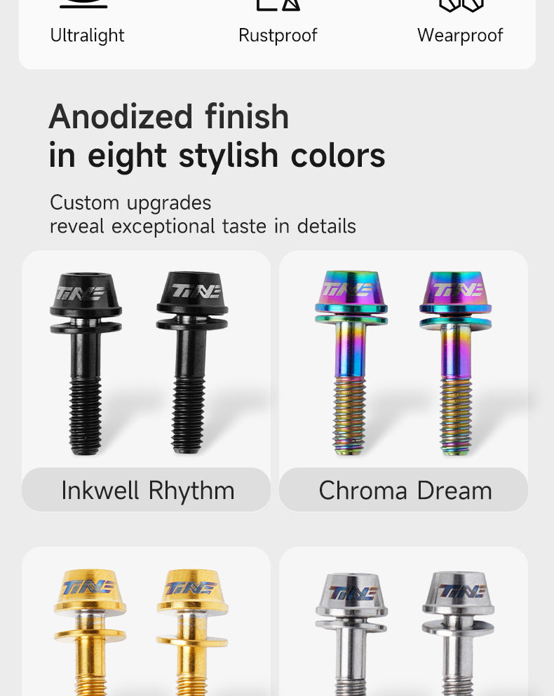 Two pairs of anodized titanium bolts with cap heads in black labeled 