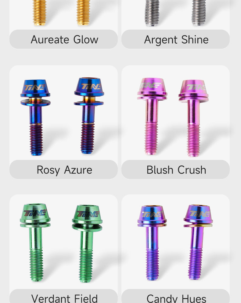 Pairs of anodized titanium bolts in six different color finishes arranged in a grid with labels indicating colors Aureate Glow, Argent Shine, Rosy Azure, Blush Crush, Verdant Field, and Candy Hues on a light background.