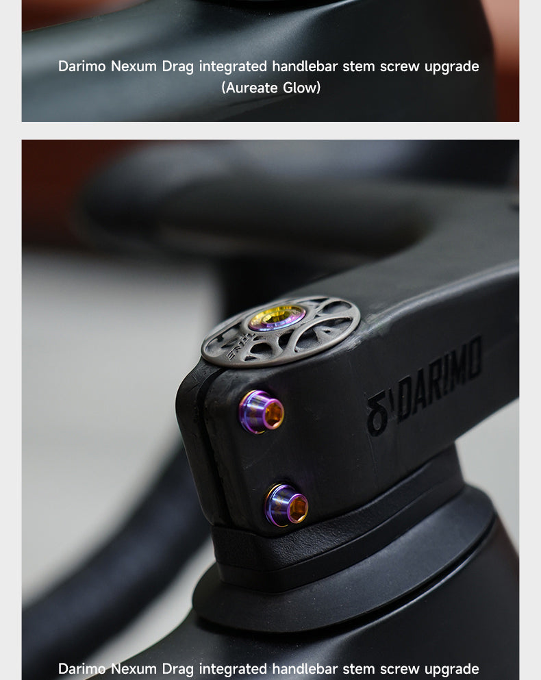 Close-up of a matte black bicycle handlebar stem featuring two anodized titanium bolts in purple and gold tones and a matching top cap with intricate cutouts and a central gold-colored accent.