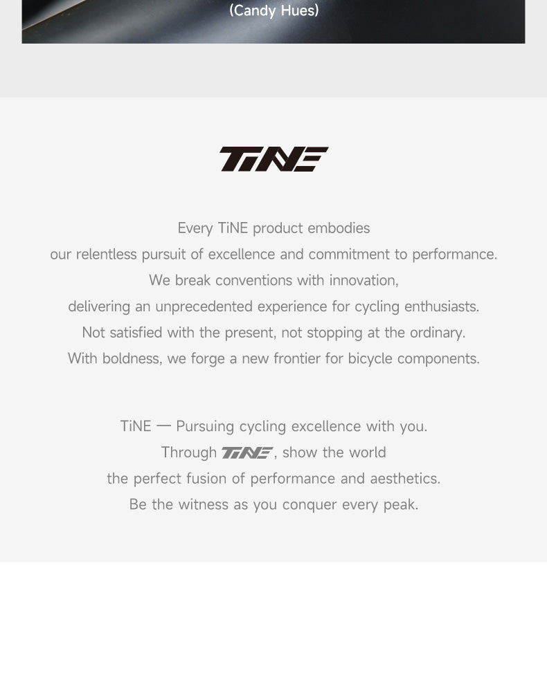 TiNE brand logo above a mission statement describing their dedication to innovation, performance, and excellence in bicycle components for cycling enthusiasts.