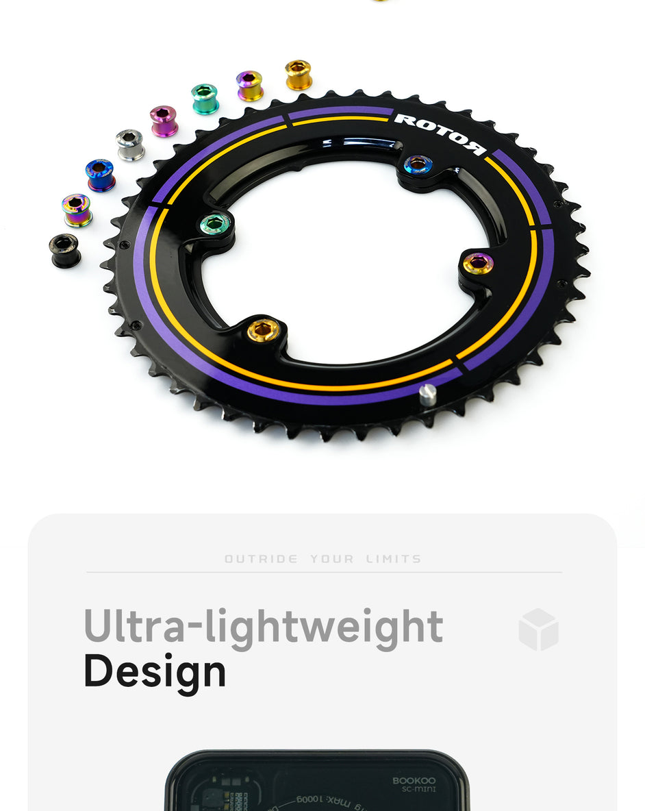 Black bicycle chainring with purple and yellow accents, surrounded by colorful titanium bolts in various anodized finishes, arranged on a white background.