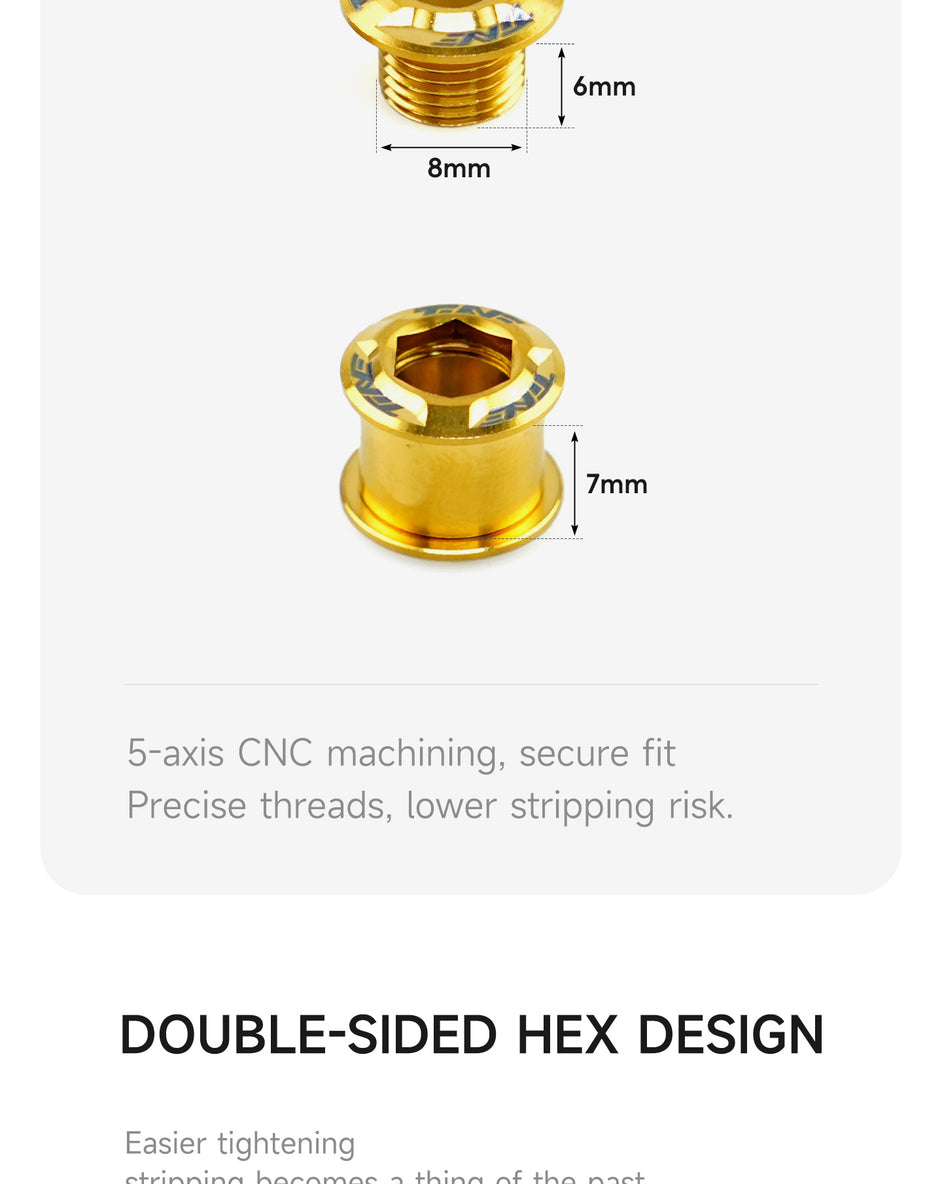 Close-up of a gold-colored circular metal bolt with a double-sided hexagonal socket, showing dimensions of 8mm diameter and 6mm height for the threaded part and 7mm height for the full bolt, accompanied by text about precision machining and secure fit.