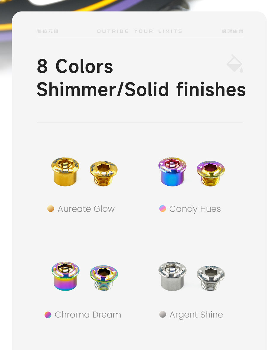Set of six titanium crank bolts displayed in four different color finishes, including gold, iridescent blue-purple, multicolor chrome, and silver, shown on a white background with text indicating eight color options and shimmer or solid finishes.