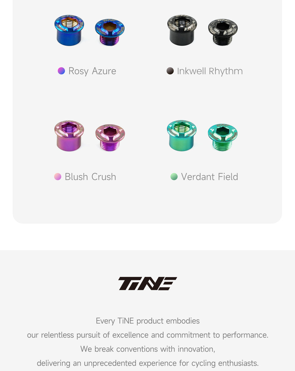 Four sets of anodized titanium chainring bolts in different colors: blue-purple gradient labeled Rosy Azure, solid black labeled Inkwell Rhythm, pink-purple gradient labeled Blush Crush, and green-blue gradient labeled Verdant Field, displayed on a white background.