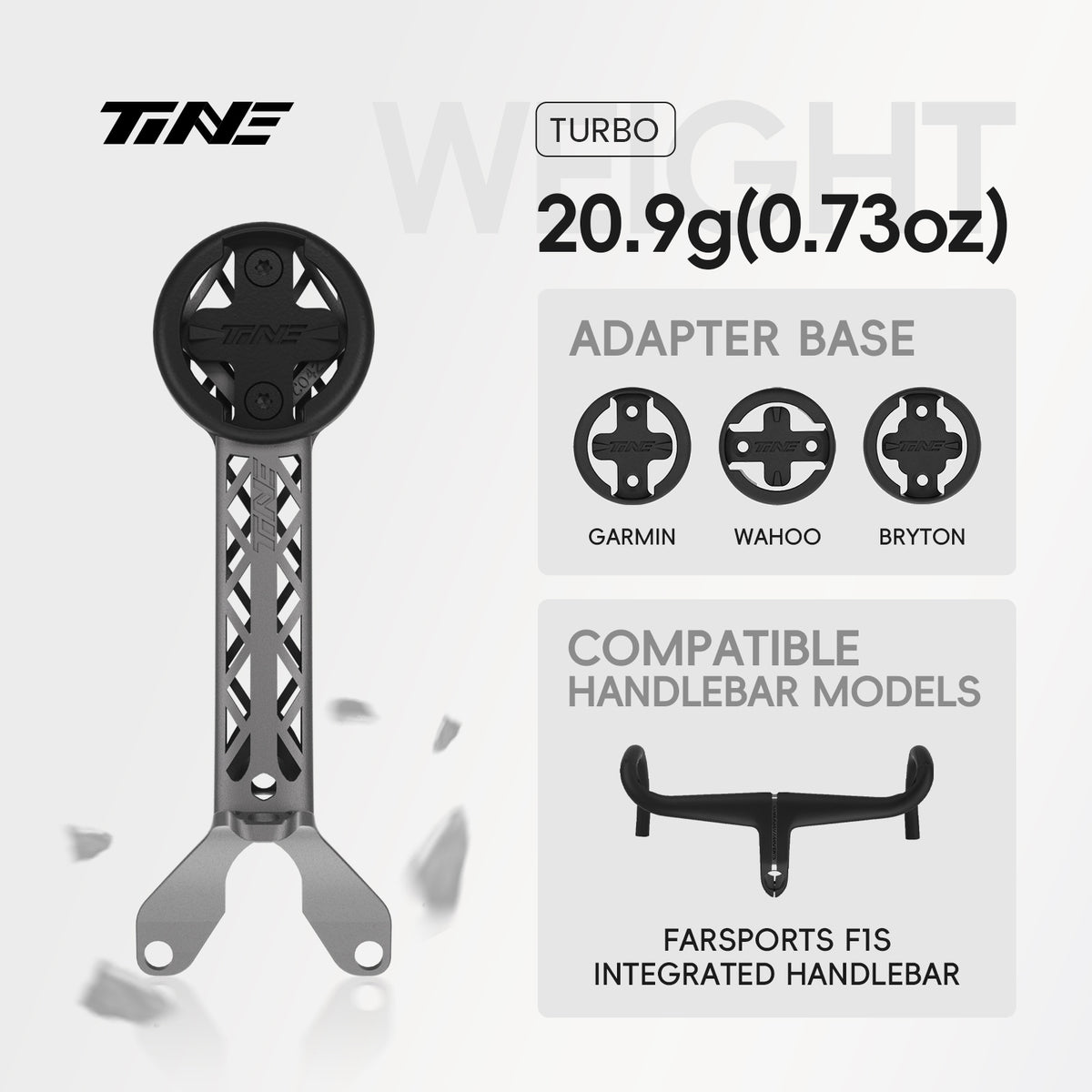 TiNE titanium bicycle computer mount for Farsports F1S with TURBO adapter compatibility